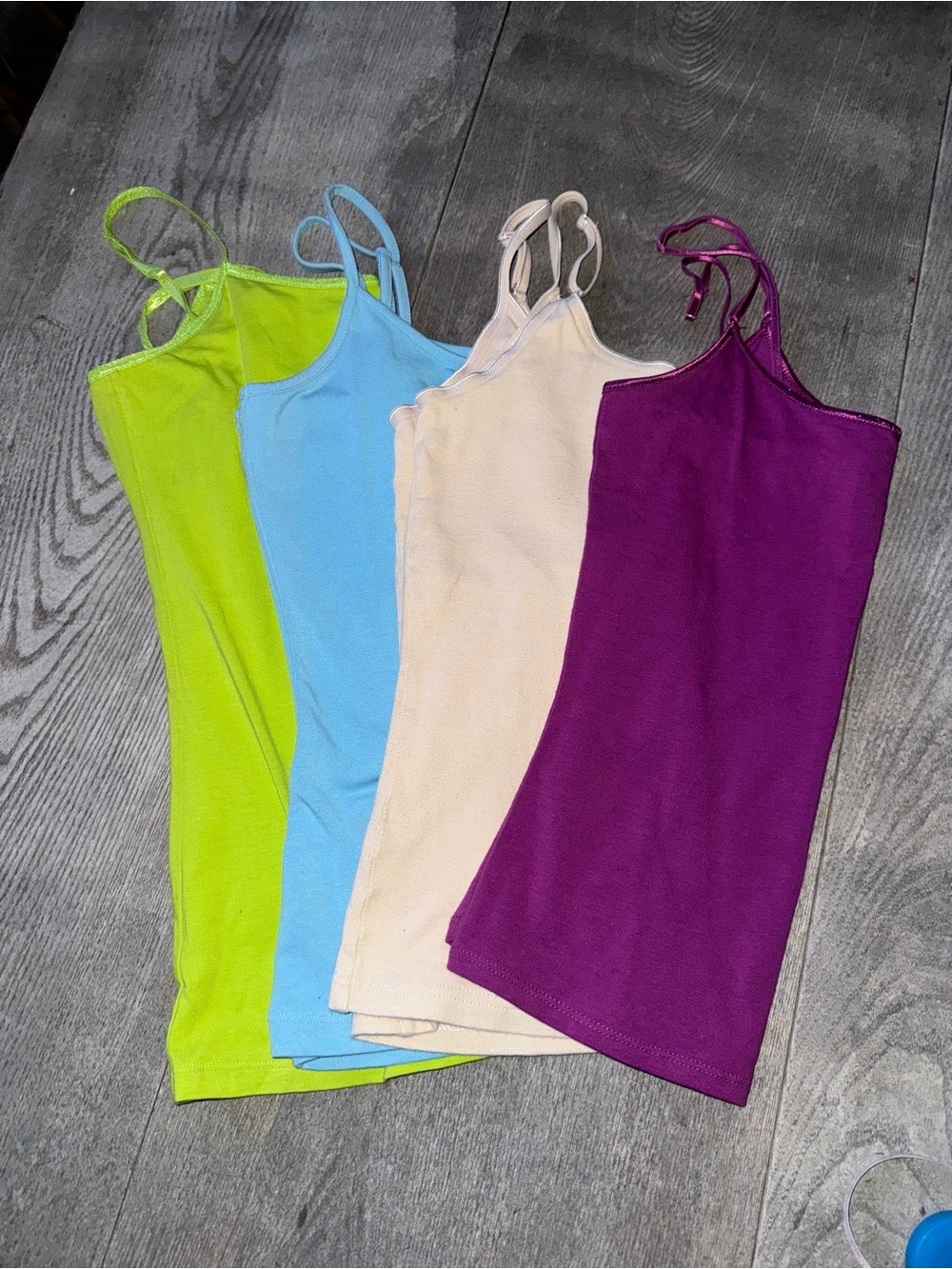 Lot of 4 Cami Tank Tops: Lime Green, Light Blue, Nude & Purple (Size S/M)